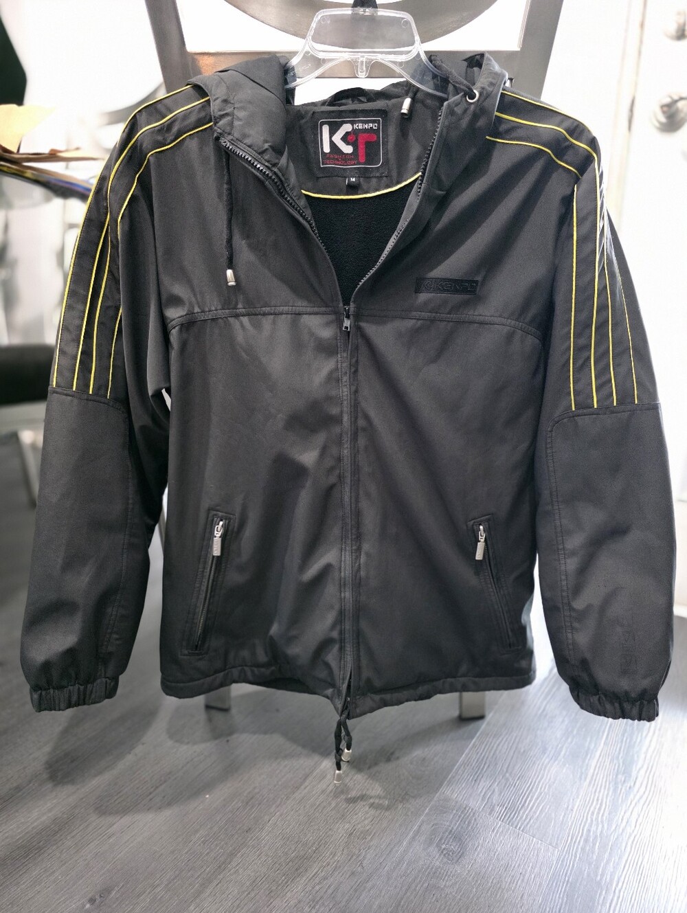 Mens Black Hooded Jacket with Yellow Trim -